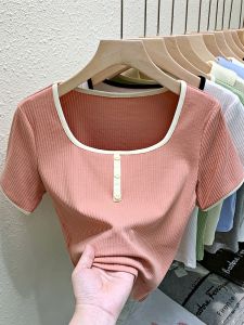 LUOSHAO | Pink Square Neck Slim Fit Short Sleeve T-shirt Cotton