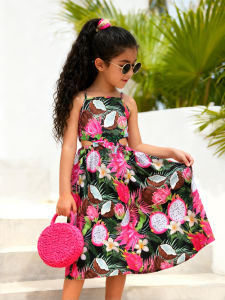 Young Girl Tropical Print Camisole Dress Summer Vacation Style Girl Beach Dress Boho / Hawaiian Party Kids Clothing 5-12 Years