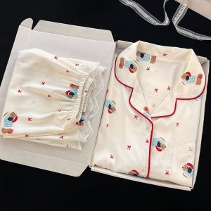 MiiOW | Cat Woman Summer Thin Ice Silk Sleepwear Short Sleeve Home Clothes Three Piece Set Cute Cartoon New 2025 Outdoor Wear