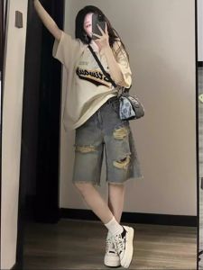 Retro American Knee-High Six-Point Shorts Womens Summer Loose Seven-Point Denim Jeans Hole Punching Straight Leg Natural Waist