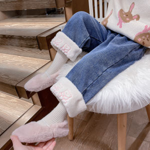 Thickened Fleece Lined Autumn Winter Denim Jeans for Girls Straight Leg Double Bear Baby Girls Warm Thickened Long Pants