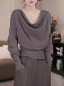 Korean Style Long Sleeve Knitted Sweater Womens Autumn Winter Inner Wear Asymmetrical One Shoulder Top Fashionable Casual