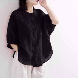 Summer 2024 Womens Cotton Linen Shirt Loose Lantern Sleeve Mid-Sleeve Vintage Style Slimming Top Large Size Polo Collar