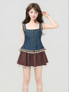 KEIKO | Bộ Đầm Áo Thun Denim Viền Ren Phong Cách Cổ Điển Mùa Hè