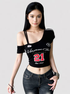 Áo Thun Funoff Cổ Chéo Tay Ngắn Màu Đen Cổ Điển Mỹ in Chữ Thể Thao Mùa Hè Bó Eo Hở Lưng Cho Nữ