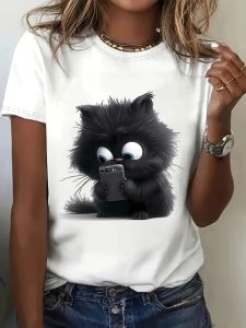 Fluffy Cat & Phone Womens Tee - Cute Cartoon Feline Graphic Playful Print for Casual Daily Wear