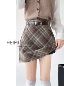 Retro Plaid Skirt Womens Autumn and Winter Fancy Short A- line Sheath Skirt Small Woolen Gingham Skirt