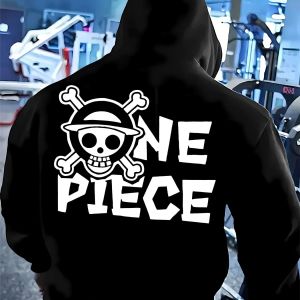 Bandai | Mens Casual Hooded Long Sleeve Pullover with Pirate Flag Print on the Back Front Pocket