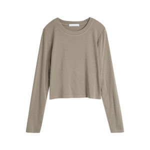 Guer High-density Soft Material Long Sleeve Short T-shirt Womens Base Layer Shirt Top Minimalist Design round Neck Pure Color