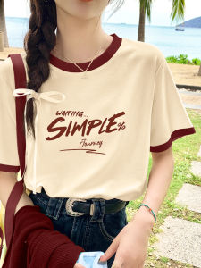 Womens Summer Short Sleeve T-Shirt Base Layer Shirt Inner Wear Design Sense Top Color Block Pure Cotton Korean Style