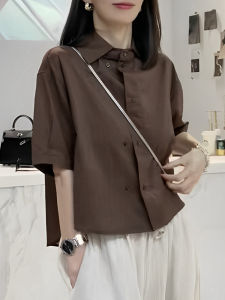 PAIBOLI | Café Brown Short Sleeve Polo Collar Double Button Casual Shirt Women Summer New Style Pure Color Versatile Leisure Top Trendy Women