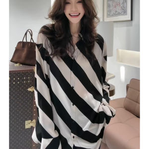 Summer 2025 Womens Loose Silk Chiffon Thin Sun Protection Shirt Casual Slimming Vintage Striped Loose Blouse Fashionable Commute Style