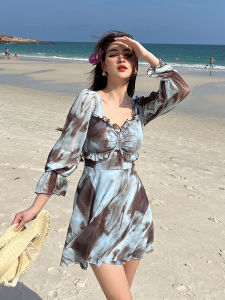 2024 New Fairy Style plus Size One Piece Swimsuit for Women Thermal Spring Swimming Costume Casual Print Long Sleeve Cover up