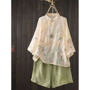 เสื้อเชิ้ตคอตั้งผ้าฝ้ายลินินสไตล์จีนใหม่ ปักลาย ทรงหลวม แขนยาว 7 นิ้ว ทรงปกติ ฤดูใบไม้ผลิและฤดูร้อน สำหรับผู้หญิง