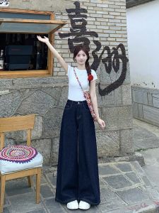 Quần Jeans Denim Xanh Đậm Cạp Cao Ống Rộng Dáng Rộng Dài Đến Sàn Phong Cách Retro Mỹ Cho Nữ Cao 175 Cm