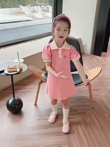 Polo Collar Dress For Kids Girl 6-12yrs High Quality Puff Sleeve Princess Dress Short Sleeve Kids New Puff Sleeve Heart Embroidered Design