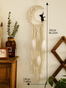 Boho Macrame Moon Cat Dreamcatcher Wall Hanging Handmade Cotton Woven Art Tapestry with Feathers for Bedroom Nursery Decor Gift