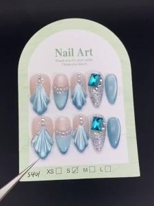 【5in1 Toolkit+HANDMADE】Artificial Nail Pearl Mermaid Tail Blue Ocean Cats Eye Almond Shape Phototpy Fake Nail Patch Press on Nails Reusable