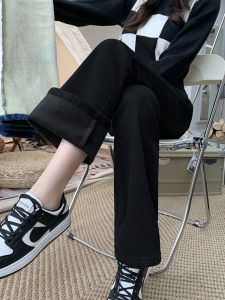 กางเกงยีนส์ทรงหลวมเอวสูงบุขนแกะหนาสำหรับผู้หญิงในฤดูหนาว กางเกงขายาวทรงหลวมขากว้าง ทรงหลวม ทรงเข้ารูป ทรงหลวม กางเกงยีนส์