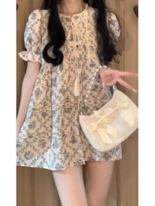 CHANGTONG | French Style Cotton Linen Doll Dress Loose Waist Print Short Sleeve Round Neck X-Shape Summer Fashion Womens Skirt