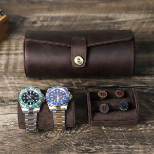 Hiram Vintage Luxury Handmade 100% Cow Leather Roll Style Watch & Display Cufflink Case Trave Portable Pouch for Men and Women Gigts