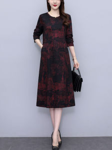 Elegant Long Sleeve Midi Dress for Middle-Aged Mothers Autumn New Style Belly Concealing Slimming Knee-Length Quality Skirt