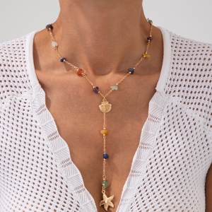 Ingemark Fashion Colourful Stone Starfish Conch Pendant Necklace Women Bohemia Long Tassel Chain Summer Beach Y2K Party Jewelry