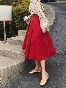 Red A-Line Midi Skirt Womens Design Sensation High Waist Slimming Spring Autumn New Versatile Half-length Skirts
