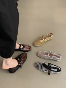 รองเท้าบัลเลต์แบบสวมตาข่ายทรงกลมสำหรับผู้หญิง รองเท้าแตะแบบมีสายรัดแบบสุ่ม รองเท้า Mary Janes แบบโปร่งใส รองเท้าแบบสวมที่มีลวดลายเชือกผูกรองเท้า