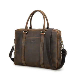 CONTACTS Genuine Leather Vintage Men Briefcase Laptop Bag for Male Large Capacity for 14.2 inch Business Handbag