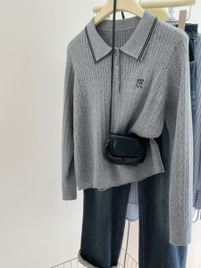 Áo Len Dệt Kim Tay Dài Cổ Polo Màu Xám Cho Nữ Áo Sơ Mi Thường Ngày Áo Khoác Ngoài Mùa Thu Chất Liệu Lông Cừu Thương Hiệu Lớn Hàng Hóa Cuối Chu Kỳ