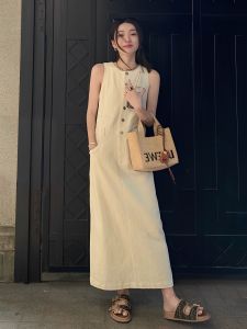 Váy Vest Denim Cổ Tròn Không Tay Phong Cách Cổ Điển Cho Nữ Mùa Xuân 2025 Váy Dài Thẳng Đa Năng Thời Trang Retro Mới