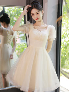 ชุดราตรีสีแชมเปญหรูหรา ชุดเจ้าหญิงสไตล์เกาหลี ชุดราตรีสั้น ชุดราตรียาวปานกลาง ชุดราตรีฤดูร้อน ชุดราตรียาวปานกลาง