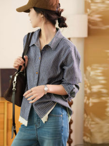 Linen Cotton Blend Herringbone Lace Embroidery Long Sleeve Shirt