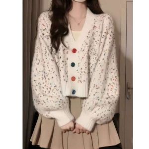 เสื้อคาร์ดิแกนคอวีสเวตเตอร์ผู้หญิง 2025 ฤดูใบไม้ผลิและฤดูใบไม้ร่วง ทรงสั้น ทรงหลวมๆ ทรงหลวมๆ แขนยาว ปกติ