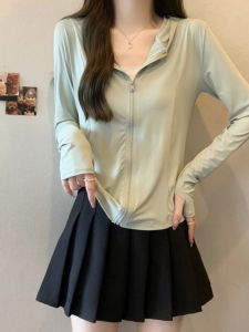 Mint Wave Green Lightweight Ice Silk Sun Protection Jacket Women Summer New Large Size Fishbone Slimming Hooded Top