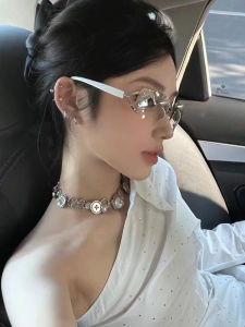 Mắt Kính Phong Cách Pháp Y2K Thời Trang Hình Vuông Không Viền Đính Kim Cương Cho Nữ Chống Tia UV Hộp Đựng Kính Khăn Lau