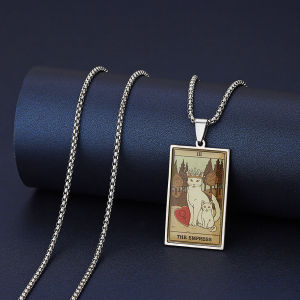 Fashion Stainless Steel Epoxy Cat Tarot Card Necklace For Men Women Animal Divination Jewelry