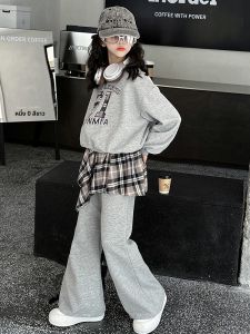 MPW | ชุดเด็กผู้หญิงลายสก็อตปัก 2 ชิ้น แฟชั่นฤดูใบไม้ผลิและฤดูใบไม้ร่วง สไตล์เกาหลี เสื้อผ้าเด็ก ชุดลำลอง