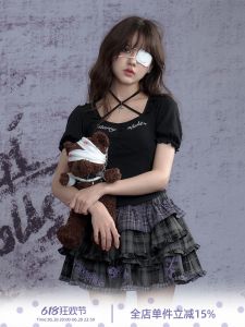 เสื้อแขนพองคอวีสีเข้ม Sagidolls ทรงสลิมฟิต สำหรับผู้หญิงในฤดูร้อน เสื้อยืดคอตตอนผสมโพลีเอสเตอร์ แขนสั้น ระบายอากาศได้ดี