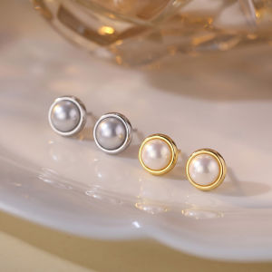 Pearl Stud Earrings for Women 304 Stainless Steel Gold Plated Round Earrings⚡PH deliveryIn stock⚡