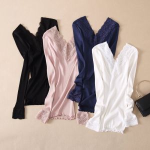Silk Long Sleeve Base Shirt Lace Trim V-Neck Thin Womens Inner Wear Seamless Spring Summer