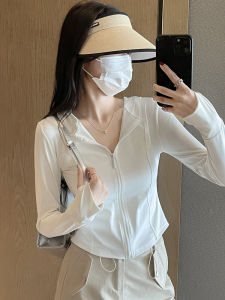 White Ice Silk Womens Summer Slim Fit Sport Yoga Sun Protection Suit Thin Outerwear Top Zipper Closure Long Sleeve Hoodie