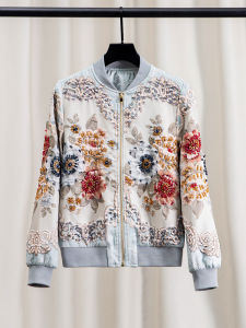 New Chinese Style Heavy Embroidery Short Baseball Jacket Womens Premium Autumn Outerwear with Beads Floral Pattern Cotton Blend