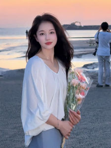 YUFUQING | Elegant V-neck Bubble Sleeve Shirt Women Summer New Style Casual Loose Slimming Versatile Top High Waist Polyester Fiber Long Sleeve