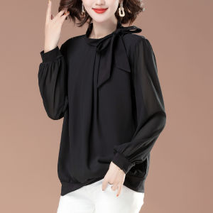 plus Size Loose Fit Cotton Blend Long Sleeve Womens Base Shirt Spring Fashion Anti-Aging Chiffon Top Butterfly Knot Classic Style