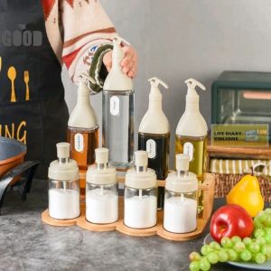 Kitchen Glass Oil Bottle Seasoning Bottle Set with Wooden Rack Soy Sauce Olive Oil Vinegar Cooking Wine Dispenser Glass Oil Pot Leak-Proof Condiments Bottle Spice Bottles Seasoning Pot