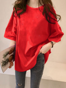 plus Size Solid Color Red Short Sleeve Womens T-Shirt Spring Summer Loose Fit Mid-Length Korean Style round Neck Top