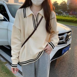 Áo Len Dệt Kim Cổ Polo Màu Khối Cho Nữ Dáng Rộng Thoải Mái Mùa Thu Đông Áo Sơ Mi Cơ Bản Đa Năng Phong Cách Đại Học Ngọt Ngào