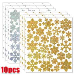 Dozoey สติกเกอร์เกล็ดหิมะสีทองเงางาม10ชิ้นกล่องของขวัญคริสต์มาสตกแต่งของขวัญใสสติ๊กเกอร์ตกแต่งเครื่องตกแต่งงานปาร์ตี้วันหยุด